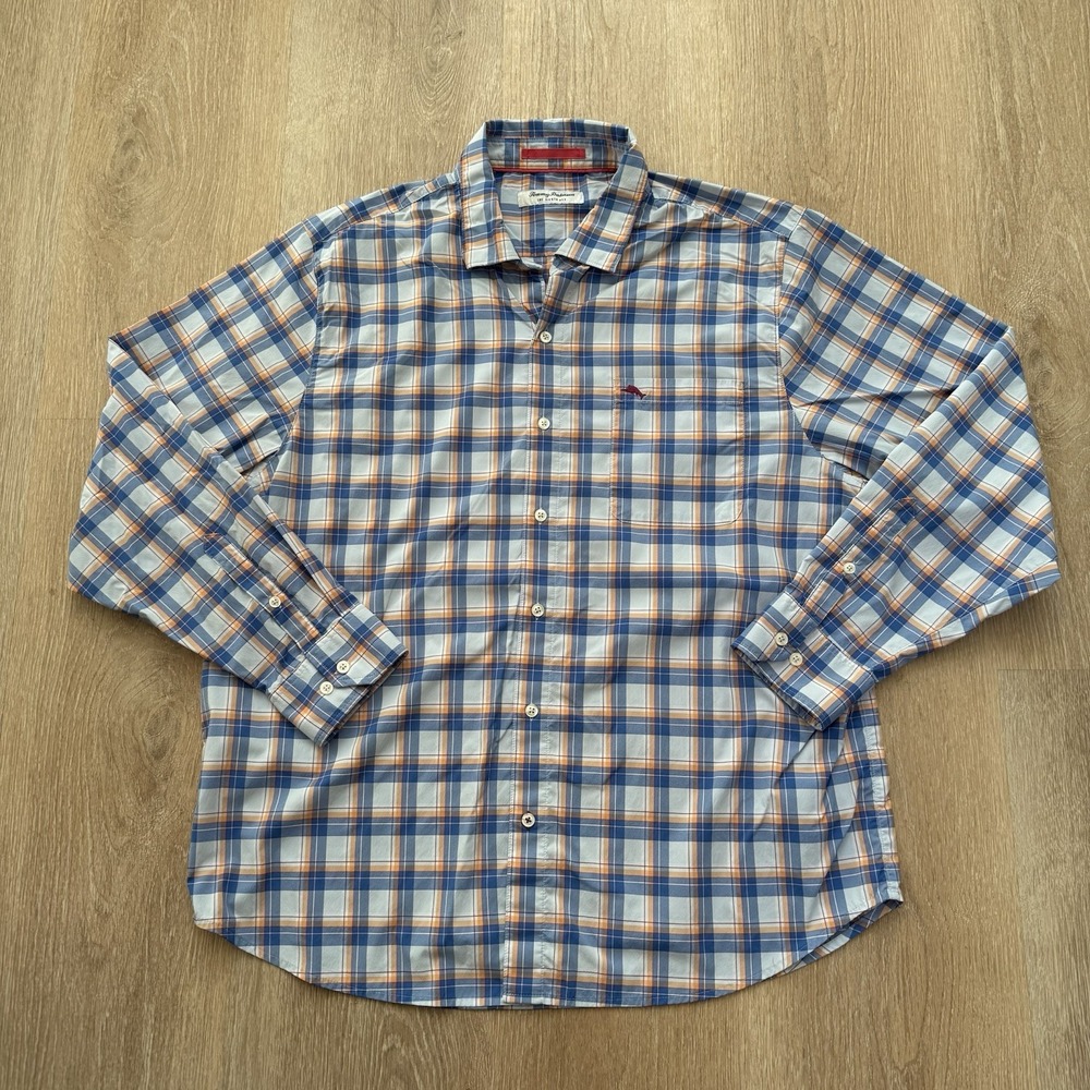 Tommy Bahama Siesta Key Shirt Mens XL Orange‎ Blue White Plaid Long Sleeve Shirt